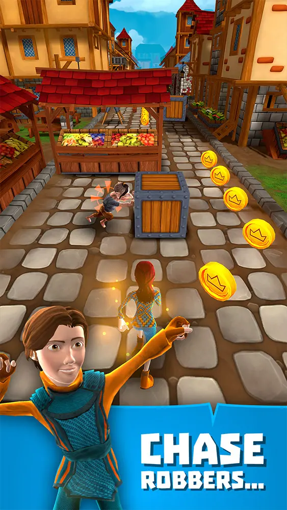A CHASERS promo screenshot reading 'Chase robbers...' over a chaser sprinting past a market stall