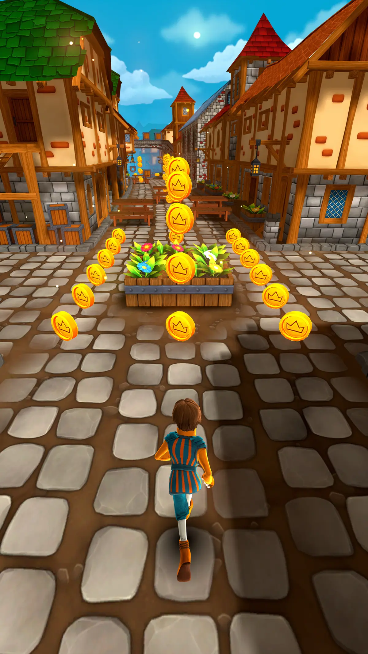 A chaser in a blue tunic runs a moonlit street past a flower planter, coins glowing in the dark