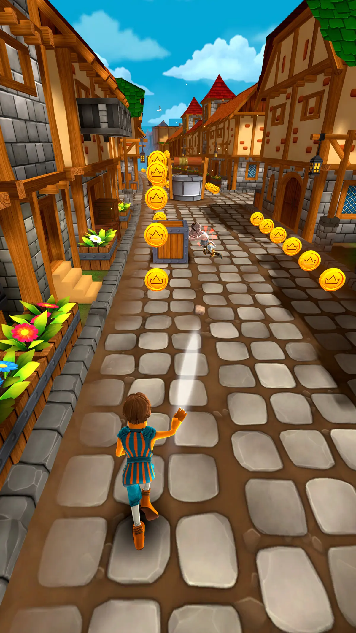 A chaser runs down a cobblestone village street lined with timber houses, collecting coins as a gnome robber flees ahead