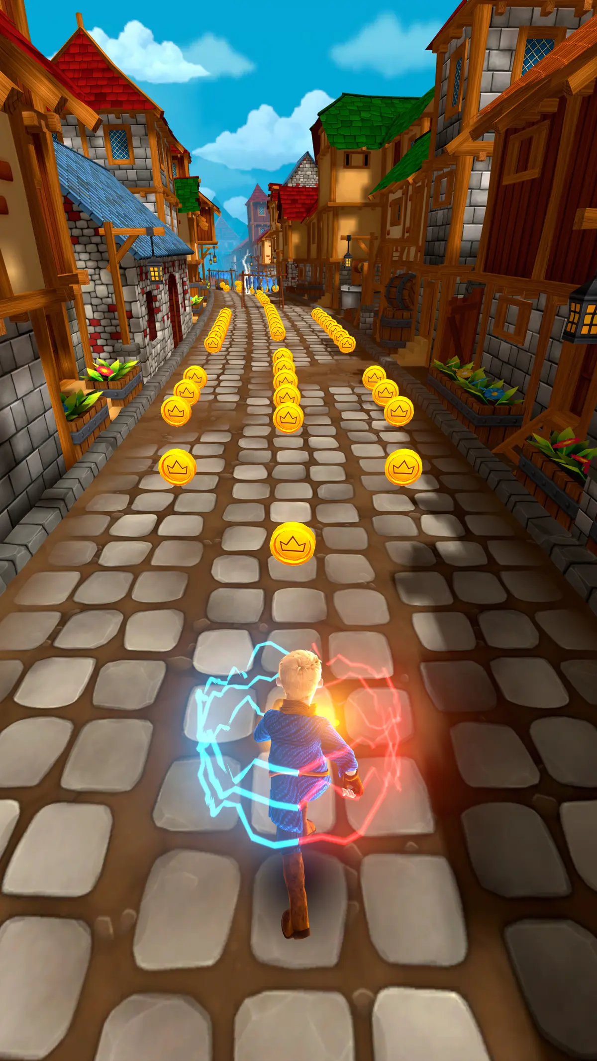 A chaser in blue runs a street between timber houses, a crackling aura sweeping up rows of coins