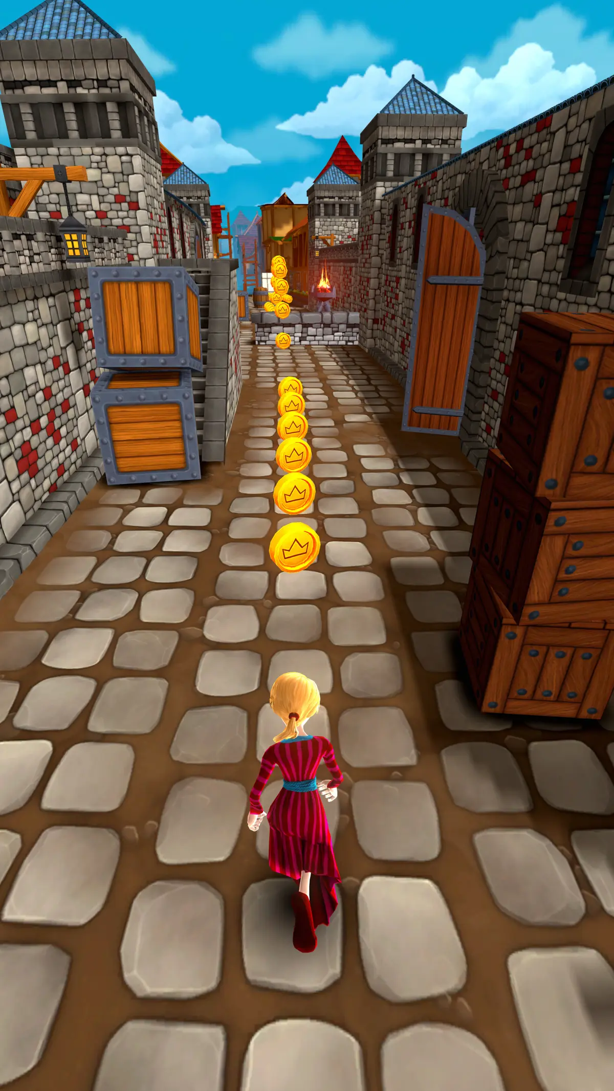 A chaser in a red dress runs a stone-walled alley past crates toward a distant brazier, coins along the path