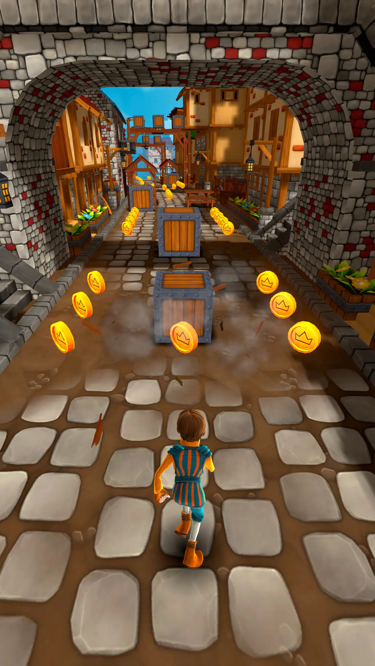 A chaser in a blue tunic runs beneath a stone arch toward stacked crates, coins along the road