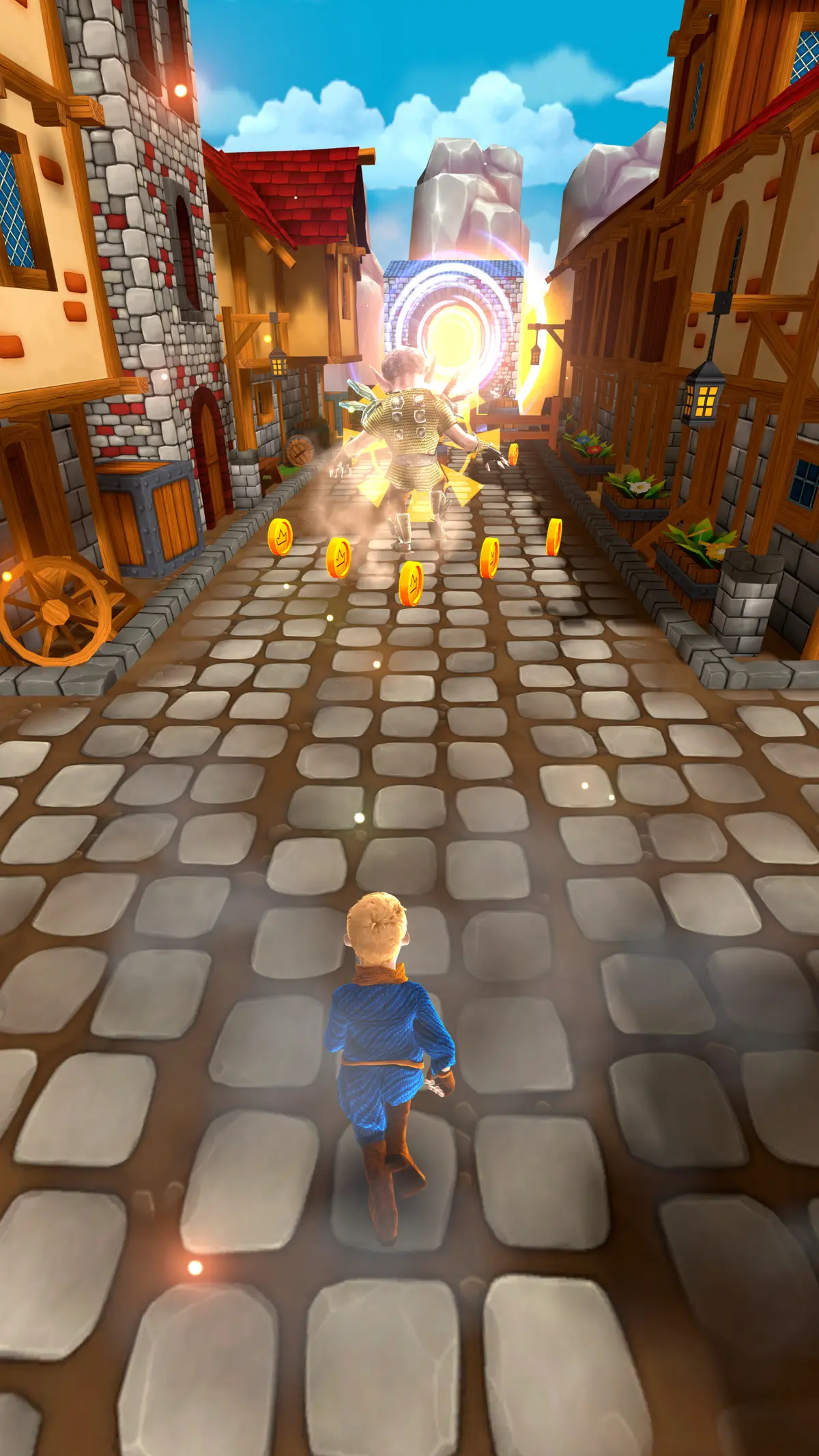 A chaser in a blue tunic runs toward a glowing portal while a giant blocks the street ahead