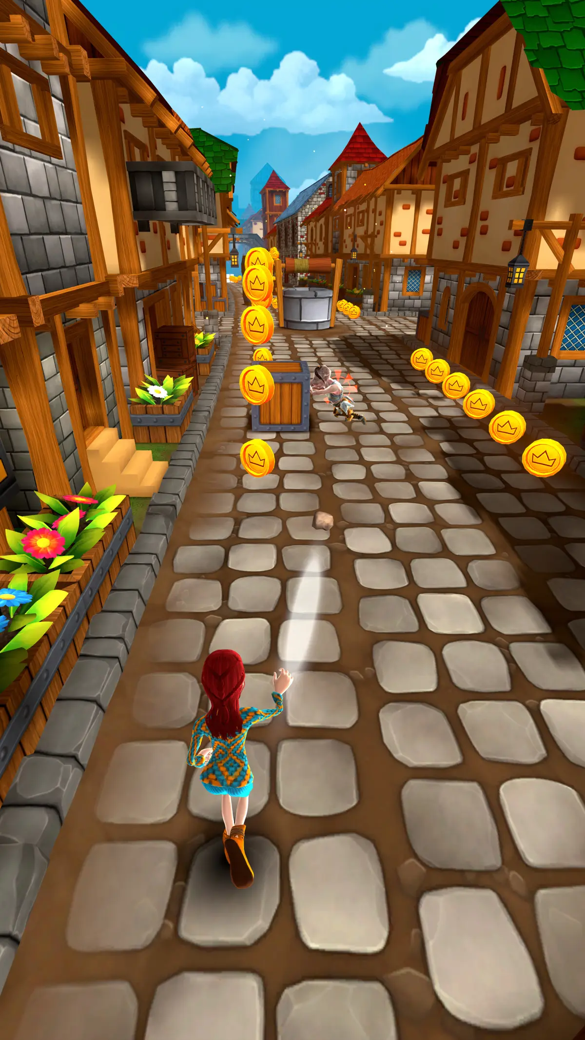 A red-haired chaser runs a village street toward a gnome robber, coins and a flower planter to the side
