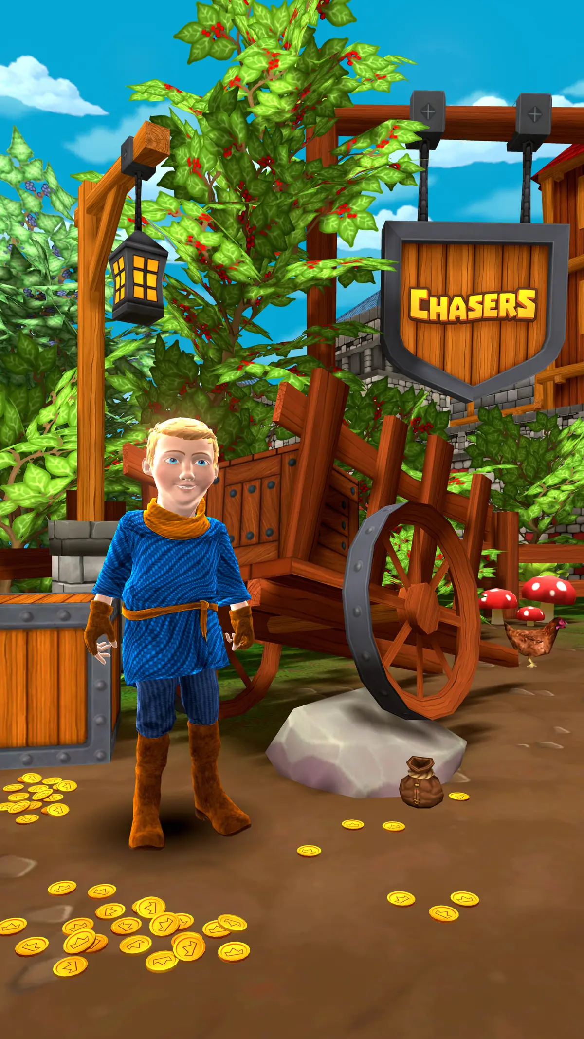 A blond chaser in a blue tunic stands by the wooden cart under the CHASERS sign, coins on the ground