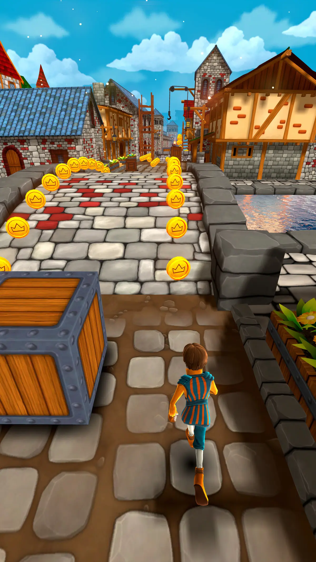 A red-haired chaser follows a glowing trail of coins between crates down a village street
