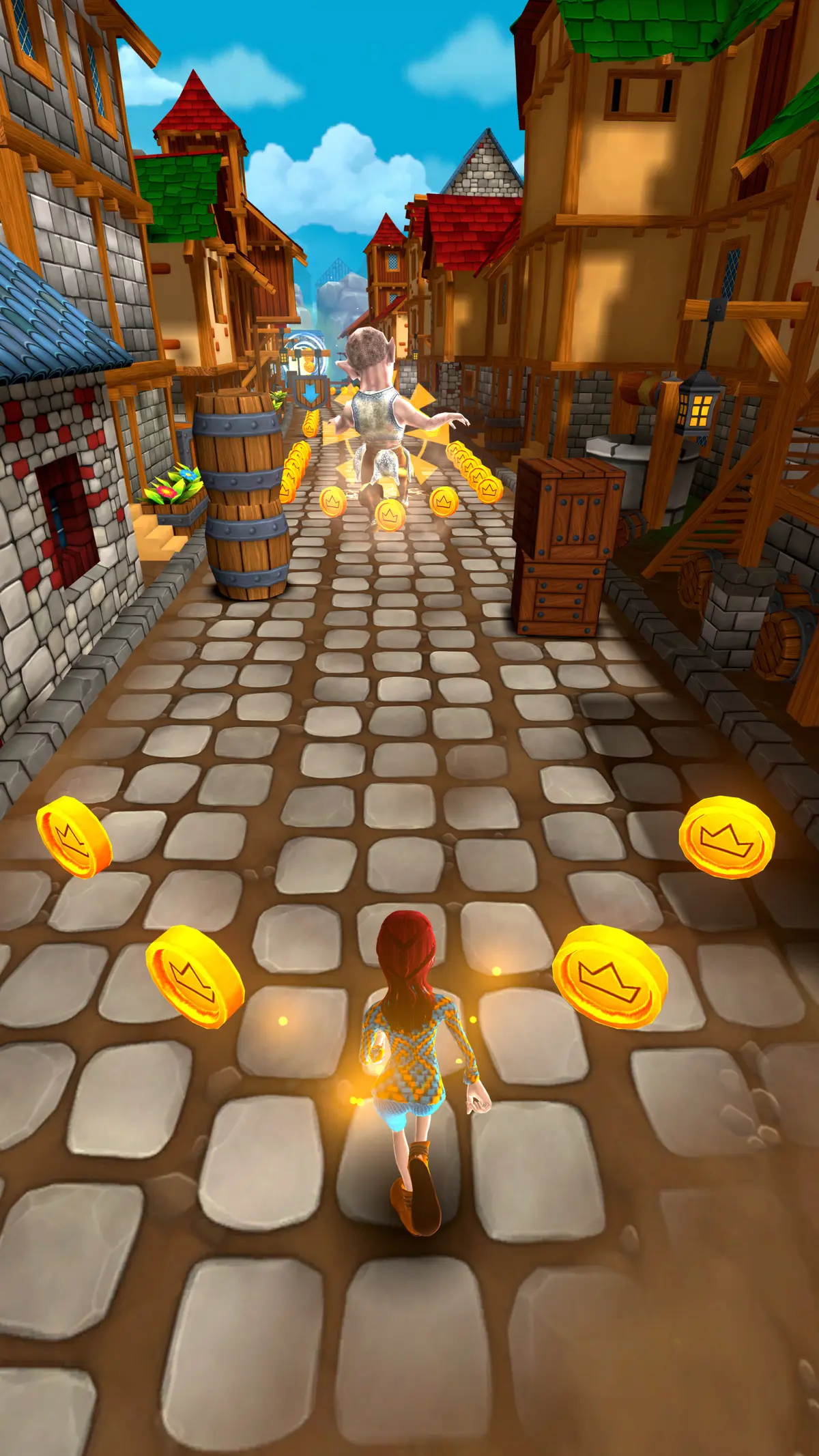 A red-haired chaser runs a village street as a gnome robber bursts into coins ahead