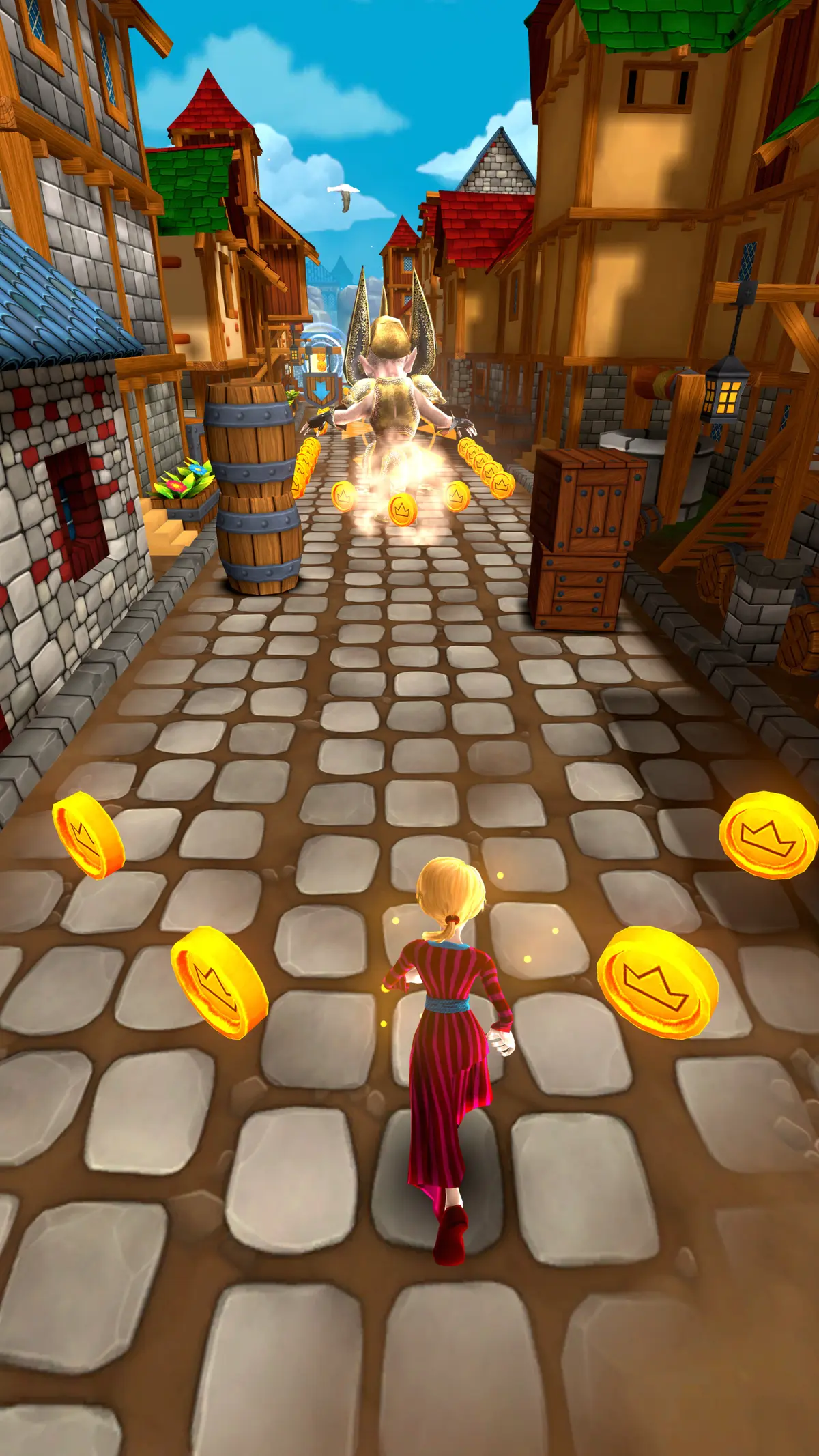 A chaser in a red dress runs a timber-lined street as a gnome robber scatters coins ahead