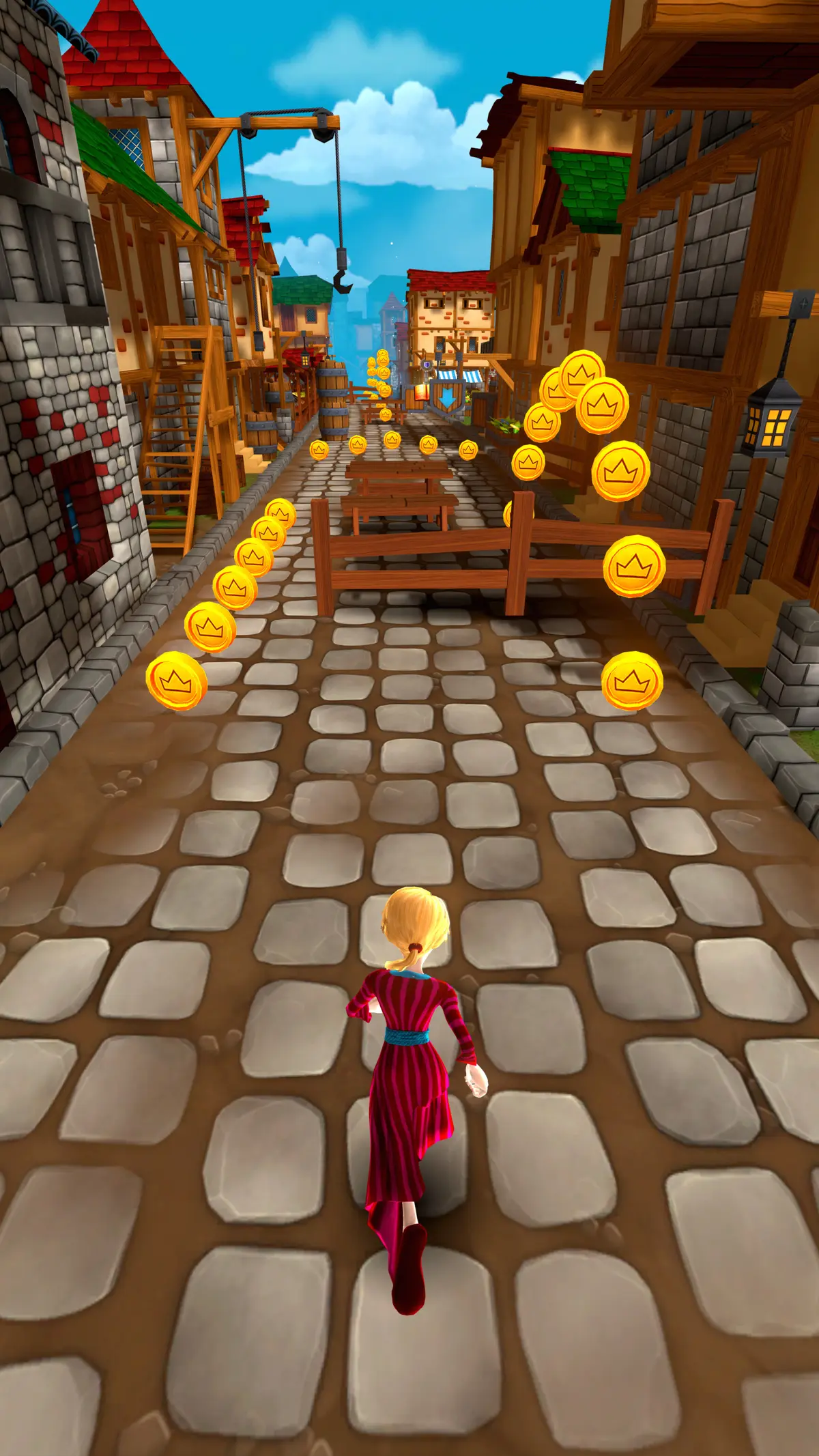 A chaser in a red dress runs a village street past a wooden fence, following a trail of coins
