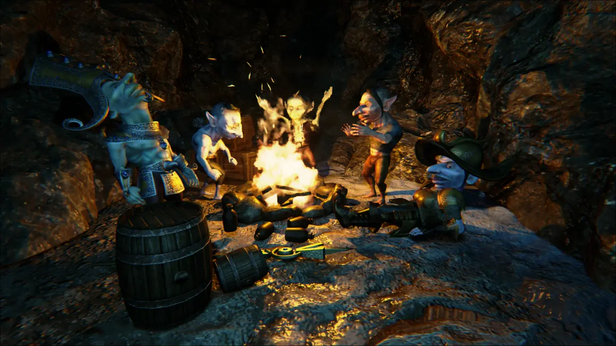 Enemies gather around a campfire in a cave strewn with gold and barrels