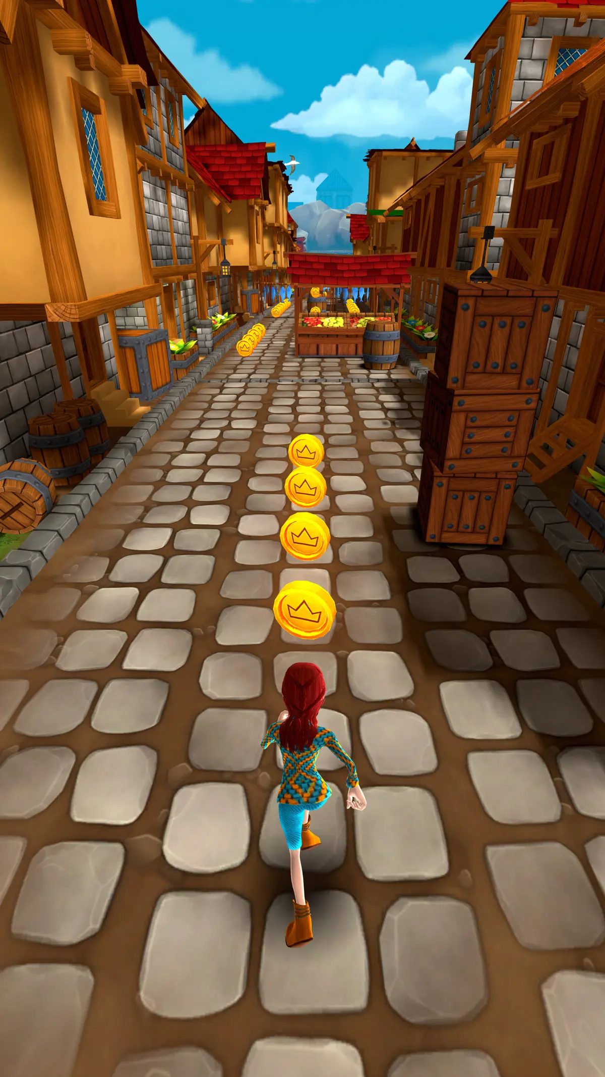A red-haired chaser runs a market street of fruit stalls, gathering a straight line of coins