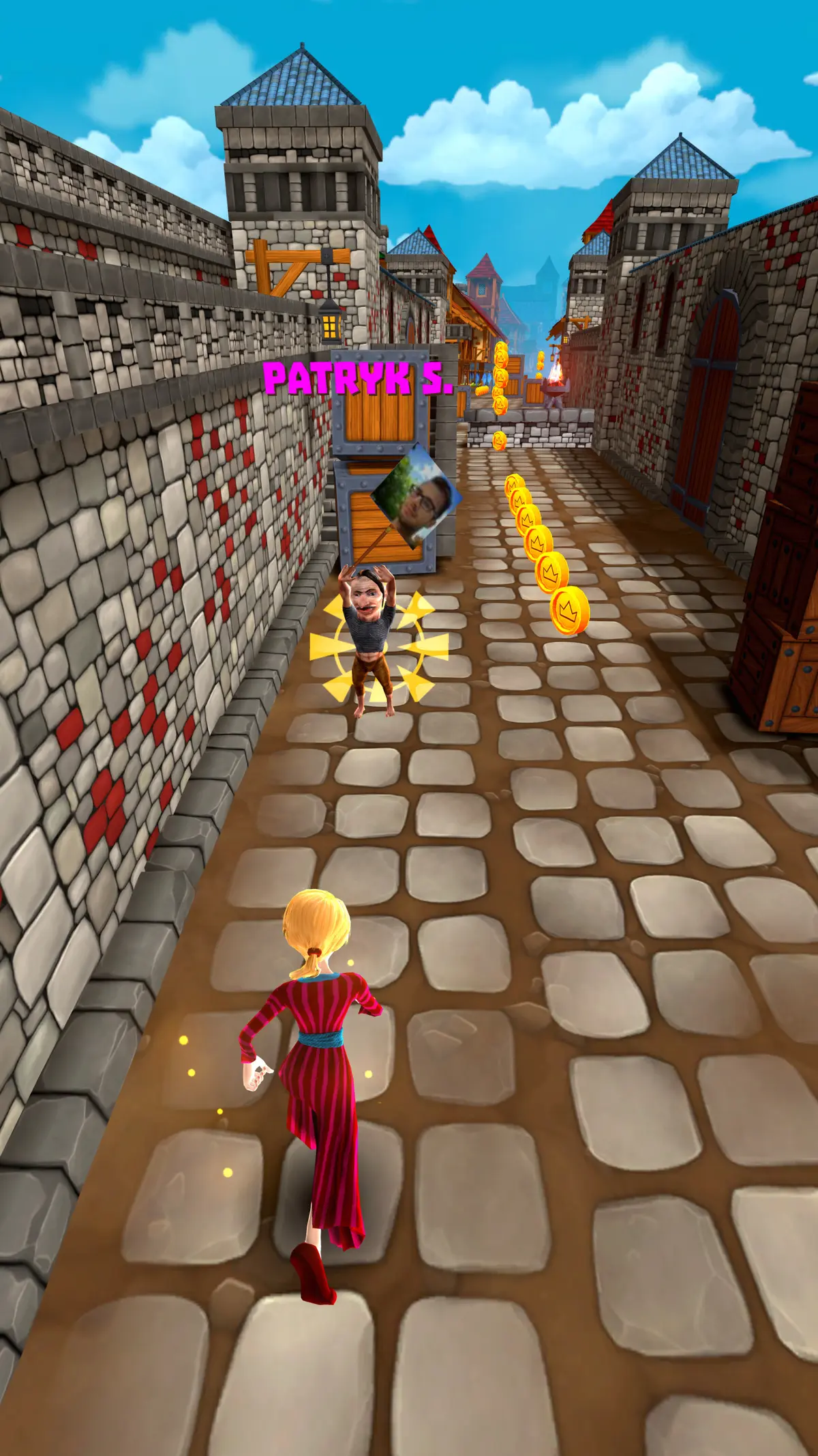A chaser in a red dress runs a fortified street chasing a rival runner, coins curving ahead