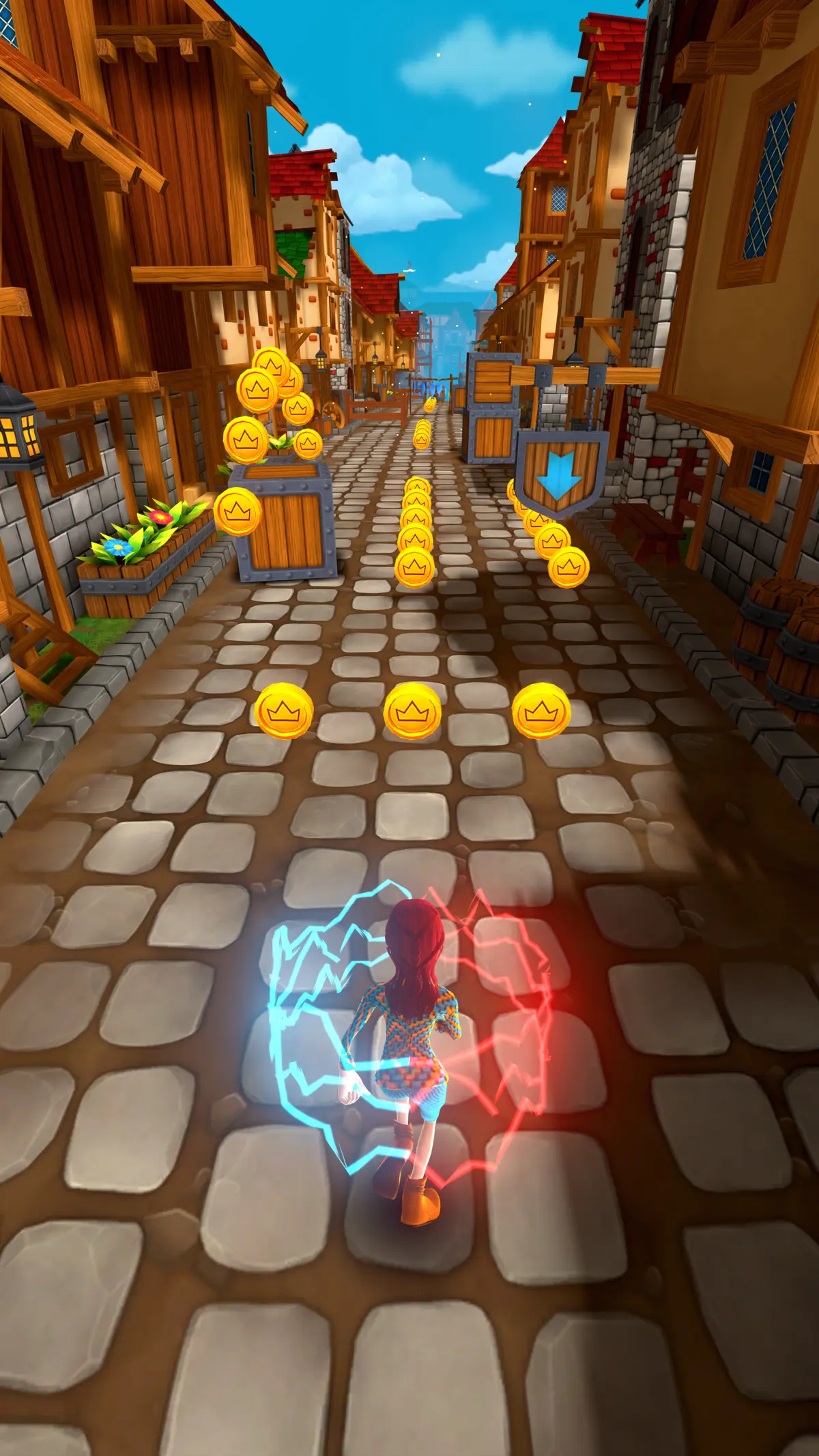 A red-haired chaser runs a sunny street inside a crackling aura, coins and a boost arrow ahead