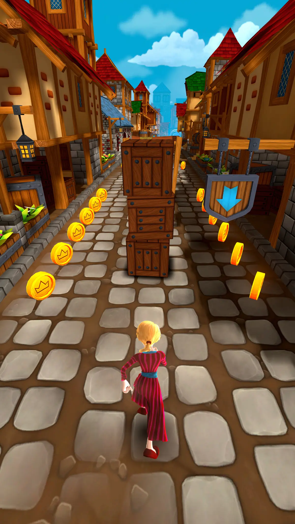 A chaser runs a village street toward a tall stack of crates, a boost arrow and coins beside them