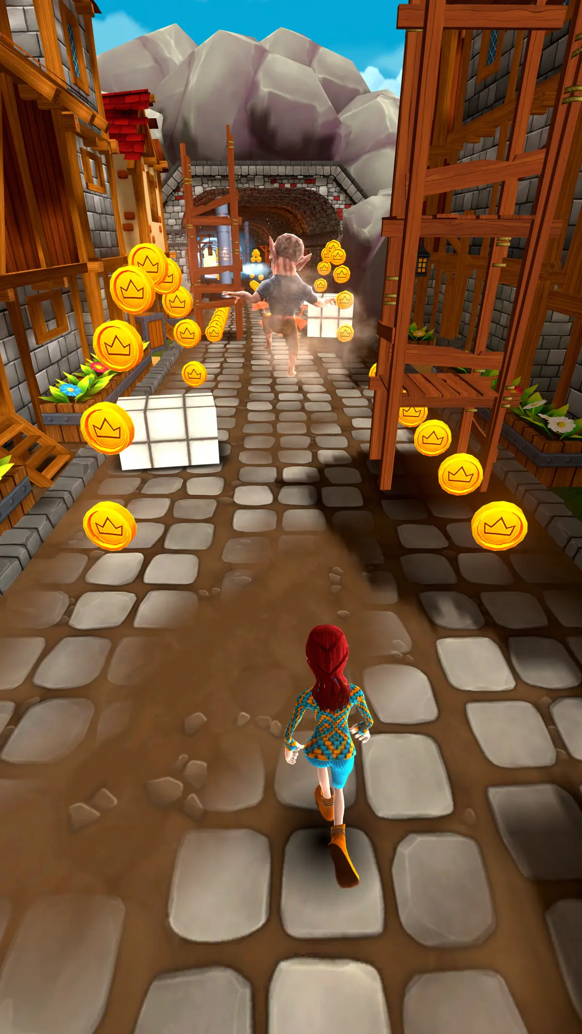 A red-haired chaser runs toward a stone tunnel in the cliffs, a gnome robber and white crates ahead among coins
