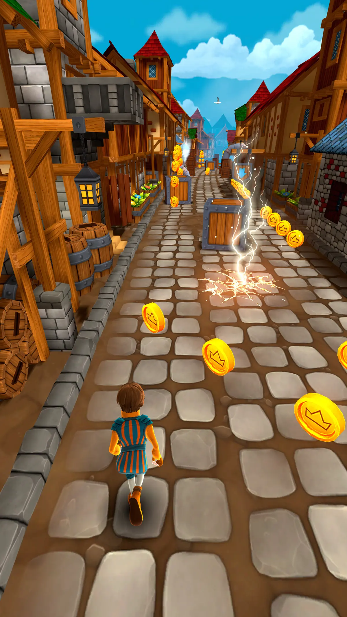 A chaser in a blue tunic runs a market street past crates and blue pennants, a row of coins ahead