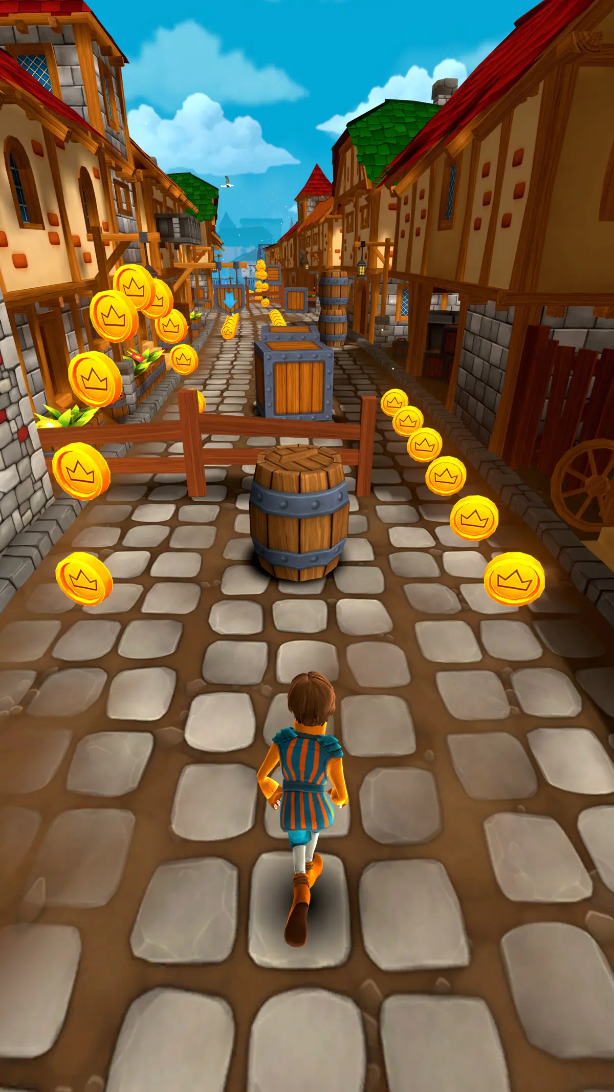 A chaser in a blue tunic runs a village street toward a barrel obstacle behind a wooden fence, coins on both sides