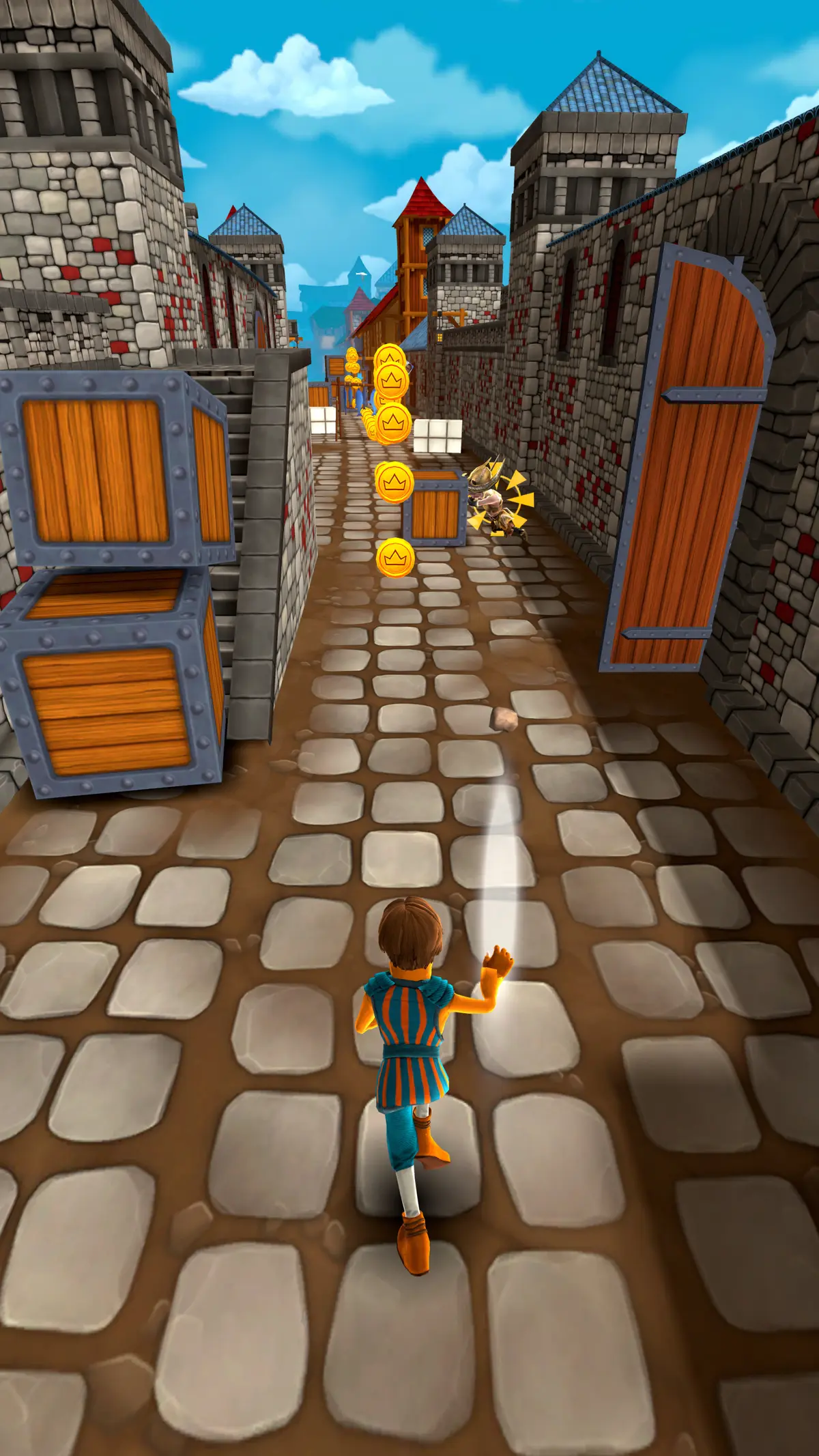 A chaser in a blue tunic runs a fortified street as a gnome robber is knocked back beside a crate, coins ahead