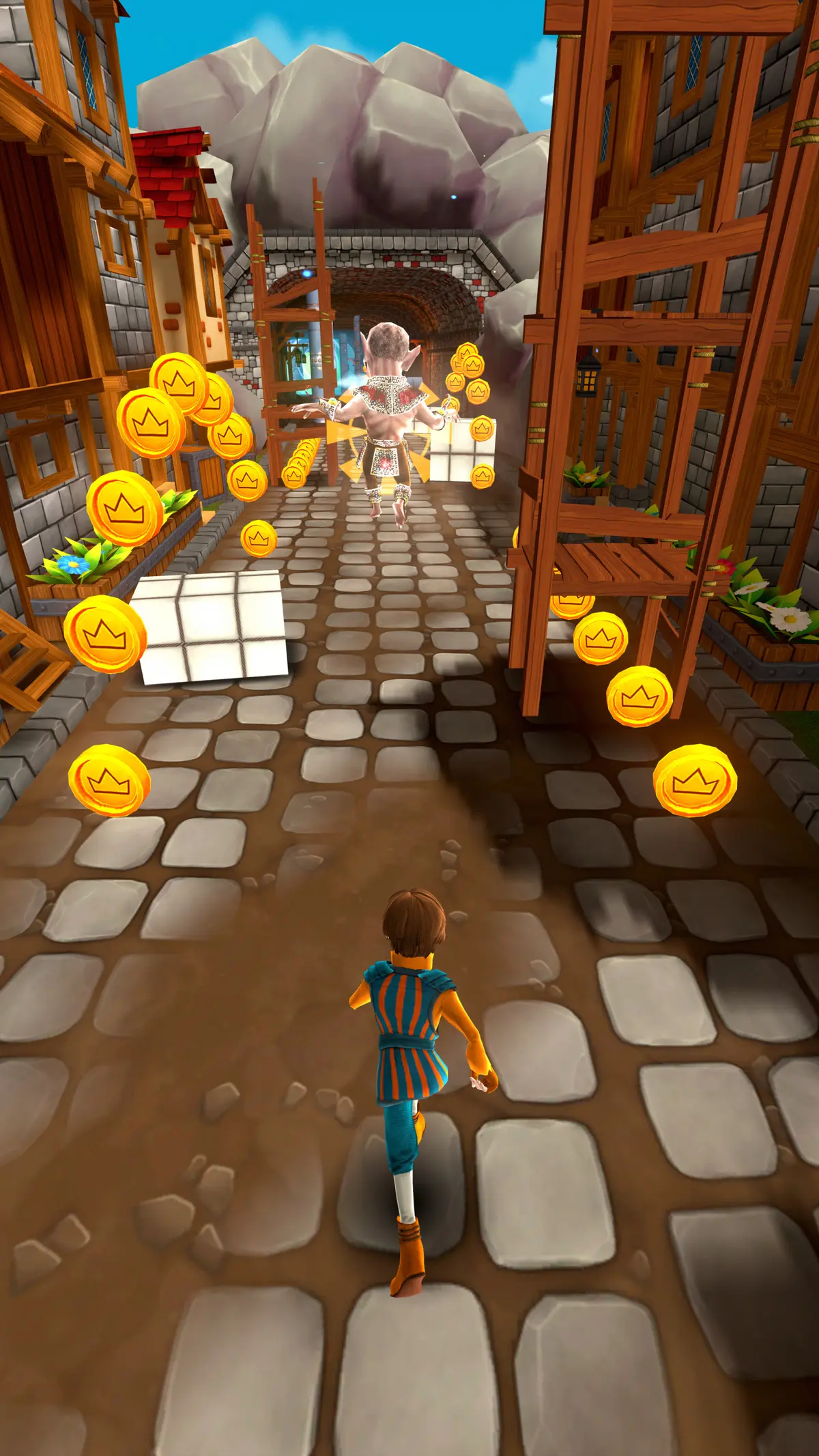 A chaser in a blue tunic runs toward a mountain tunnel, a gnome robber ahead among coins and white crates