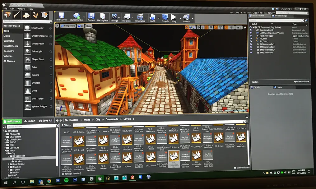 The CHASERS town level open in the Unreal Engine editor viewport
