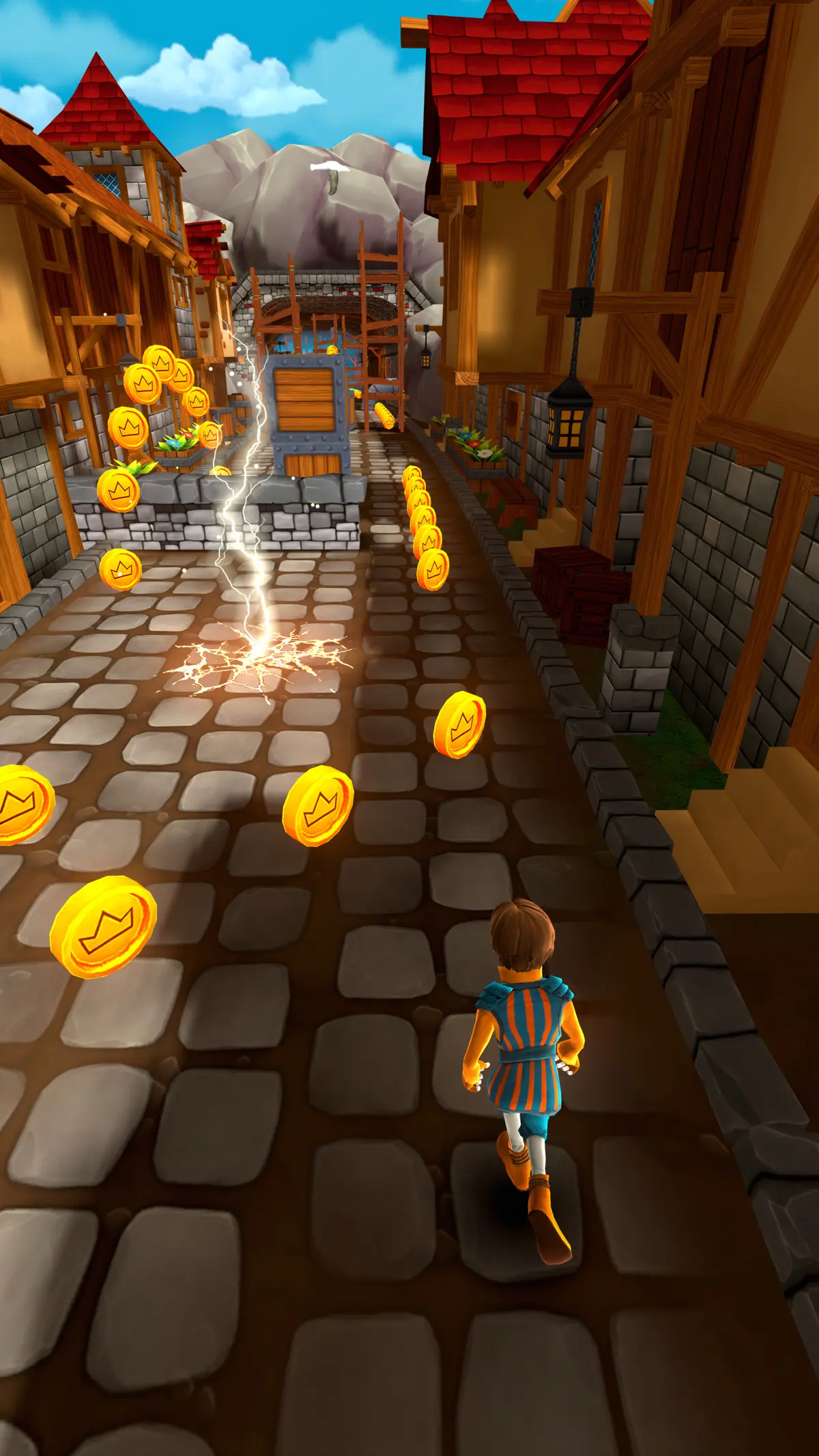 A chaser in a blue tunic runs toward a crate struck by lightning, coins scattering across the street