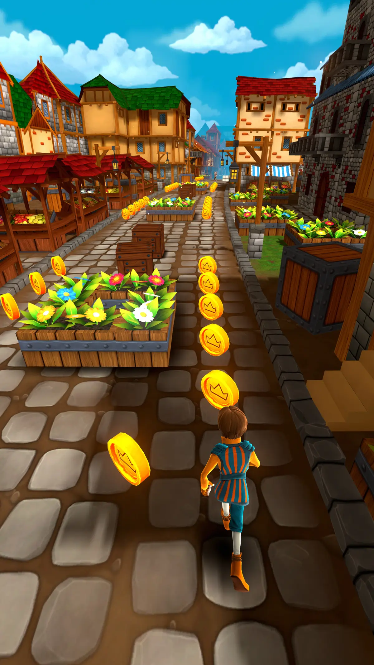 A chaser in a blue tunic runs a busy market of stalls and planters, gathering a trail of coins