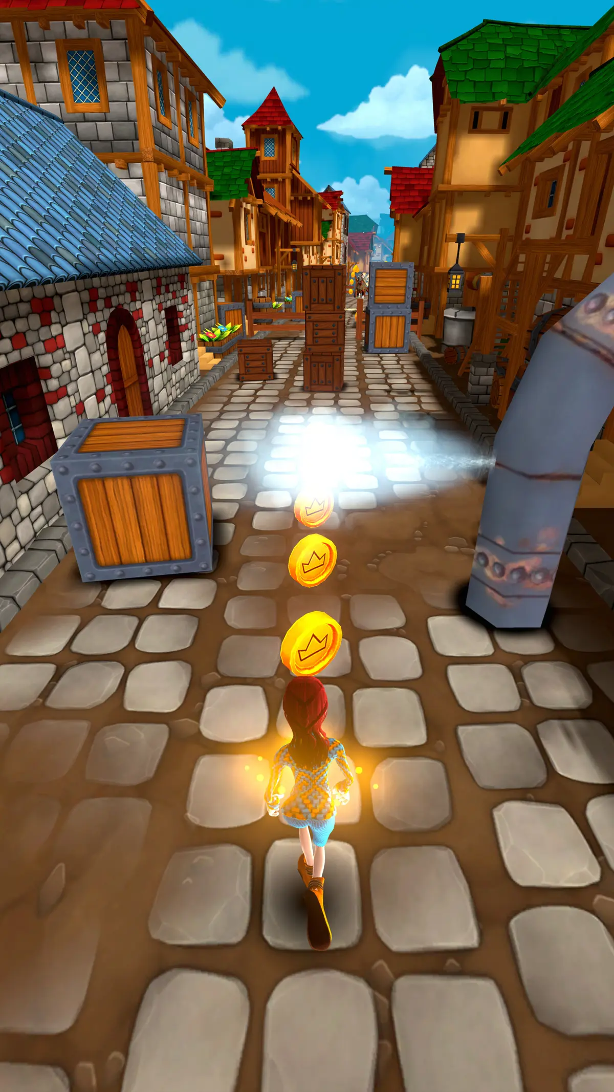 A red-haired chaser runs toward a stack of crates blocking the street, coins glowing ahead