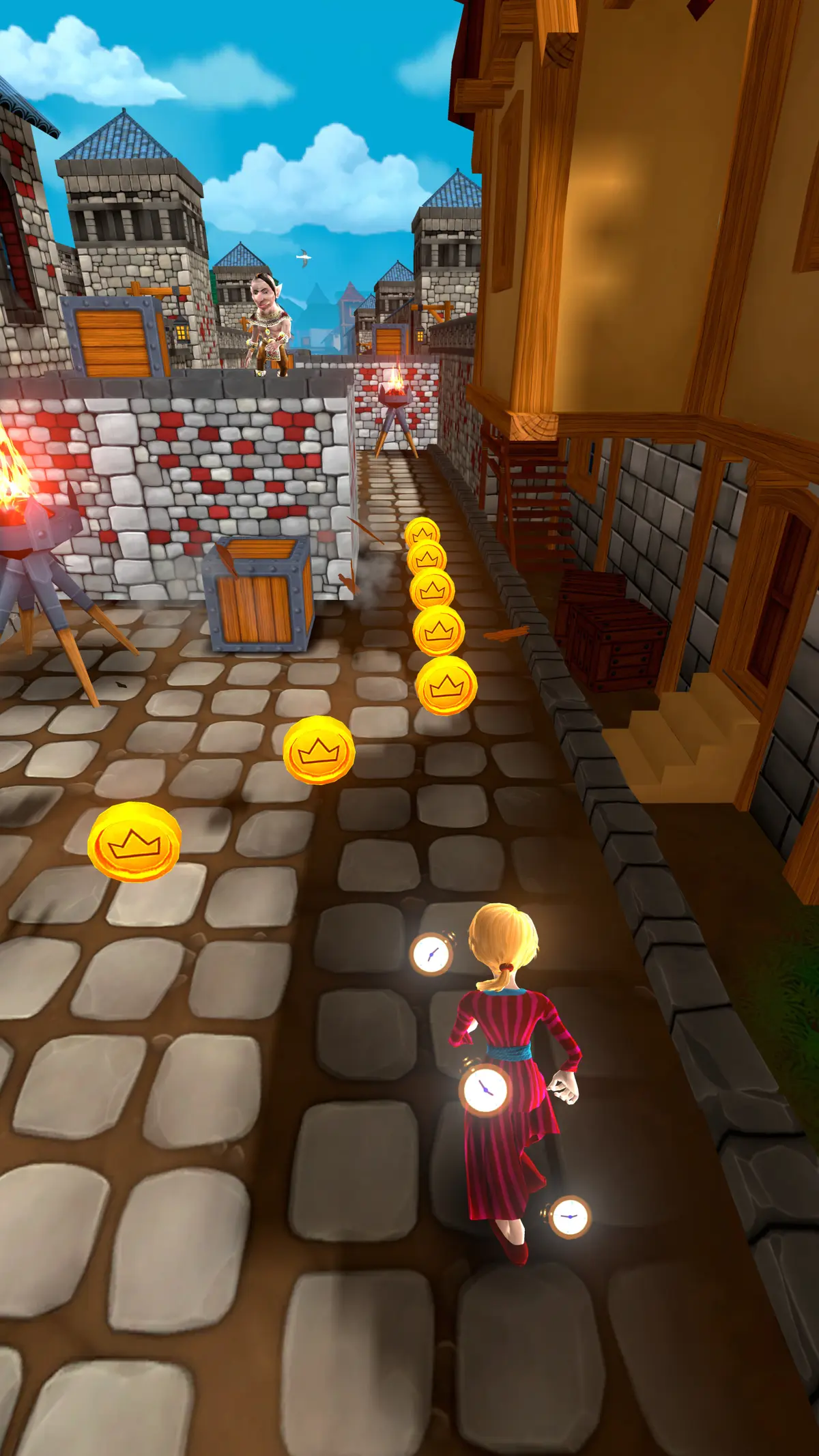 A chaser in a red dress runs along a fortified stone wall past a burning cannon while a gnome robber flees ahead
