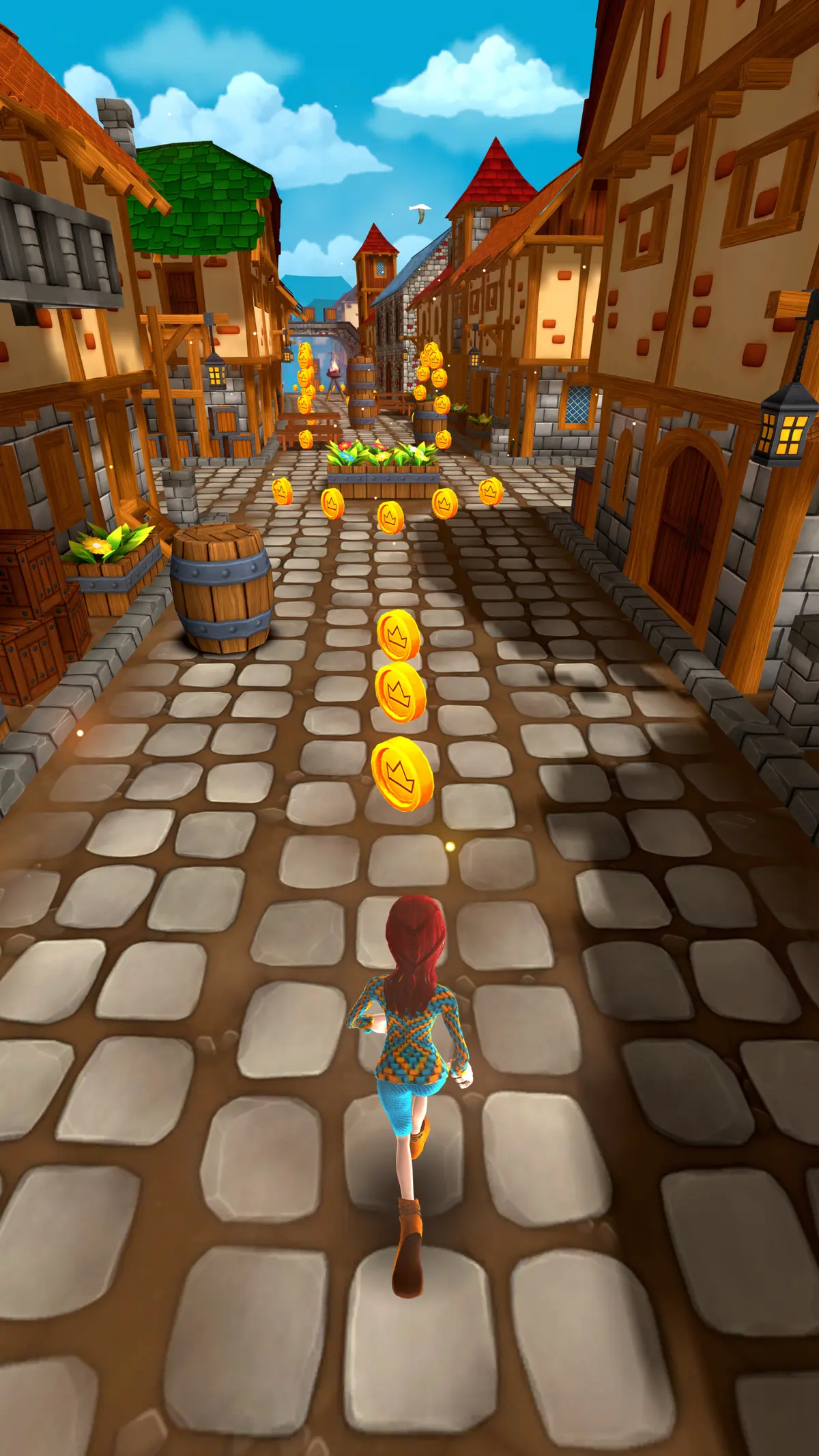 A red-haired chaser runs a village street past a barrel and vegetable baskets, gathering coins