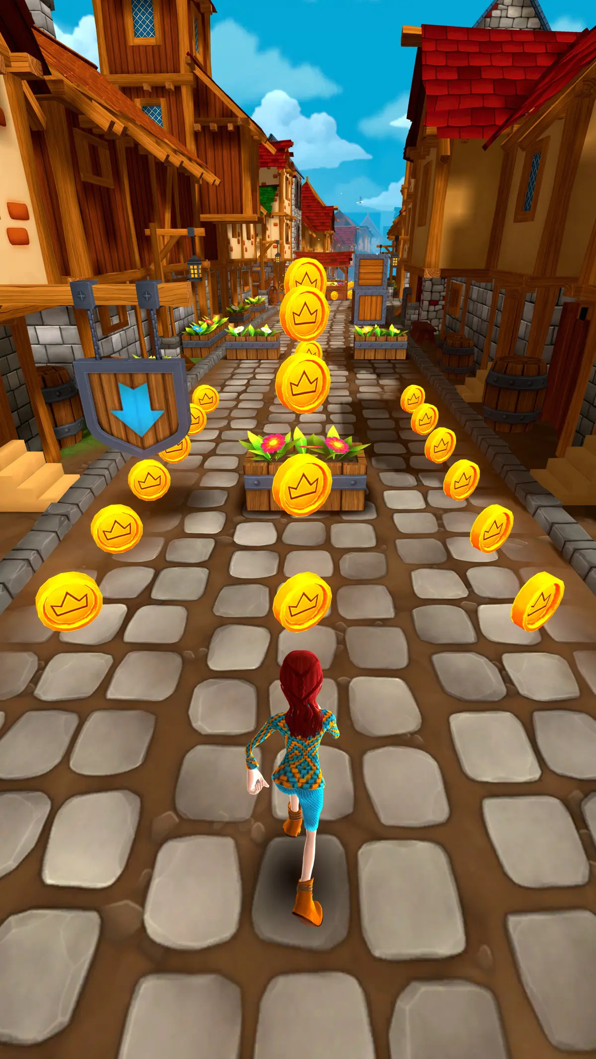 A red-haired chaser runs a village street toward a flower crate, coins and a boost arrow ahead