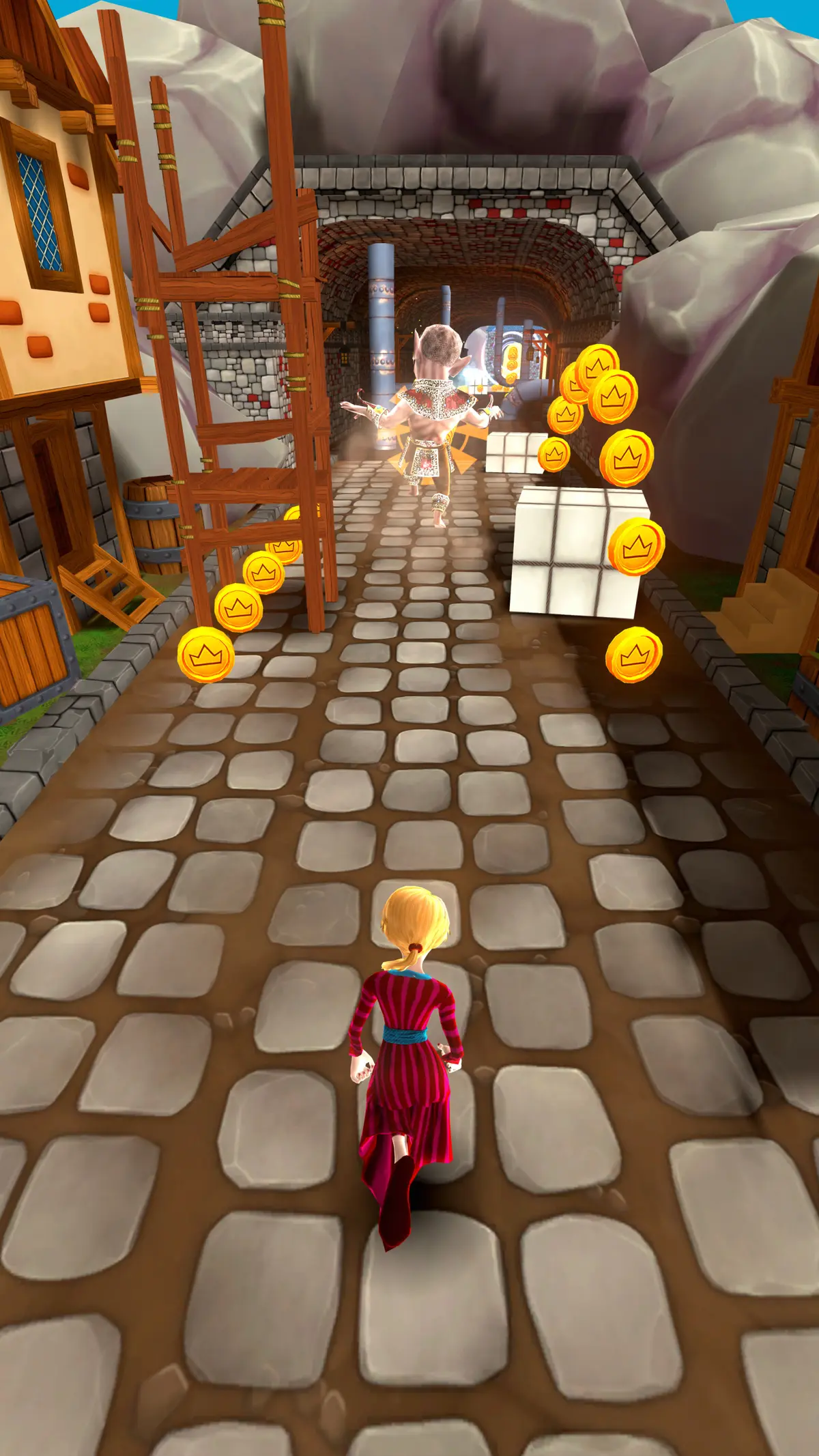 A chaser in a red dress heads for a tunnel cut into the cliffs, dodging a gnome robber among coins and crates