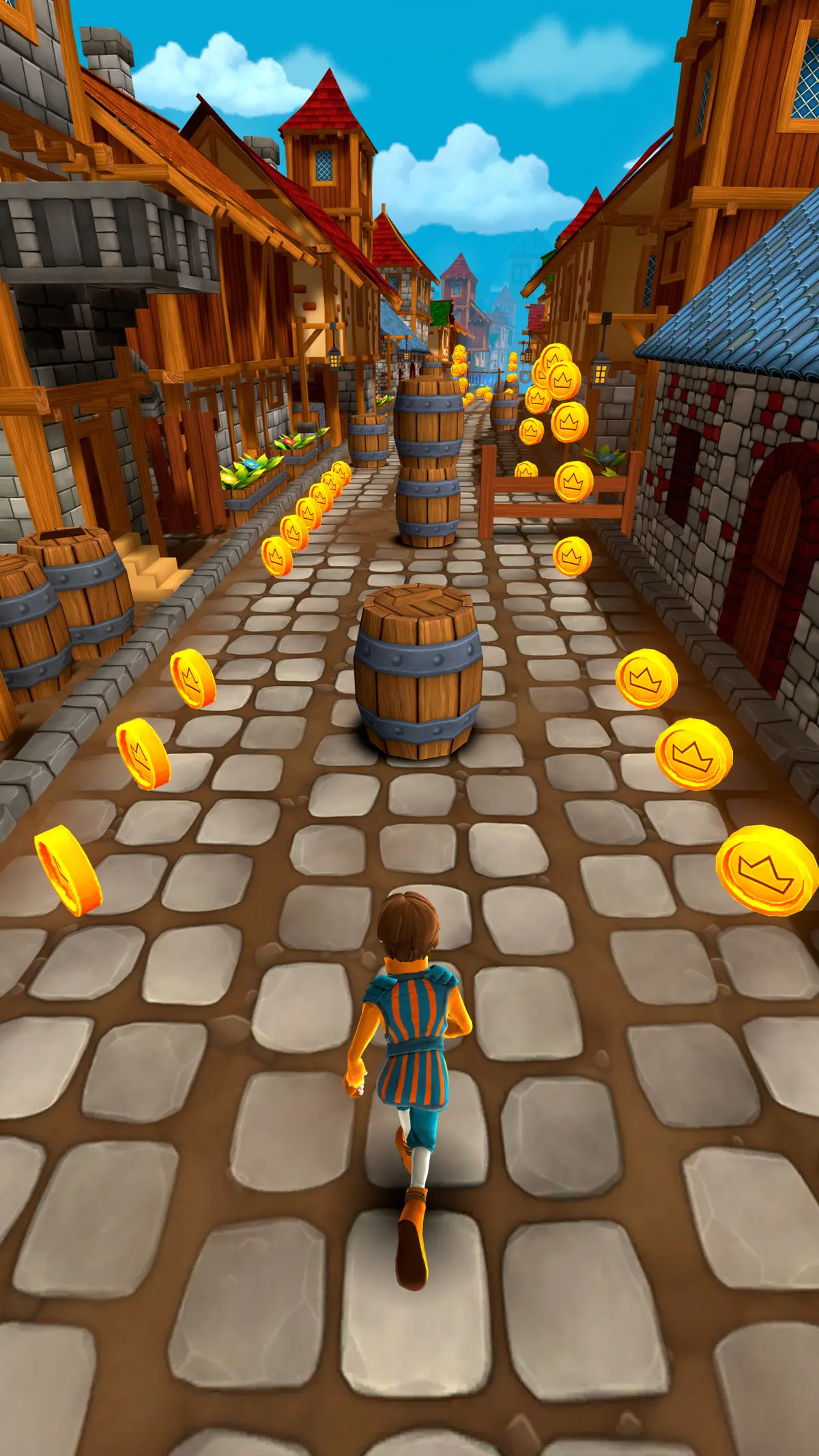 A chaser in a blue tunic runs a market street lined with barrels, following winding rows of coins