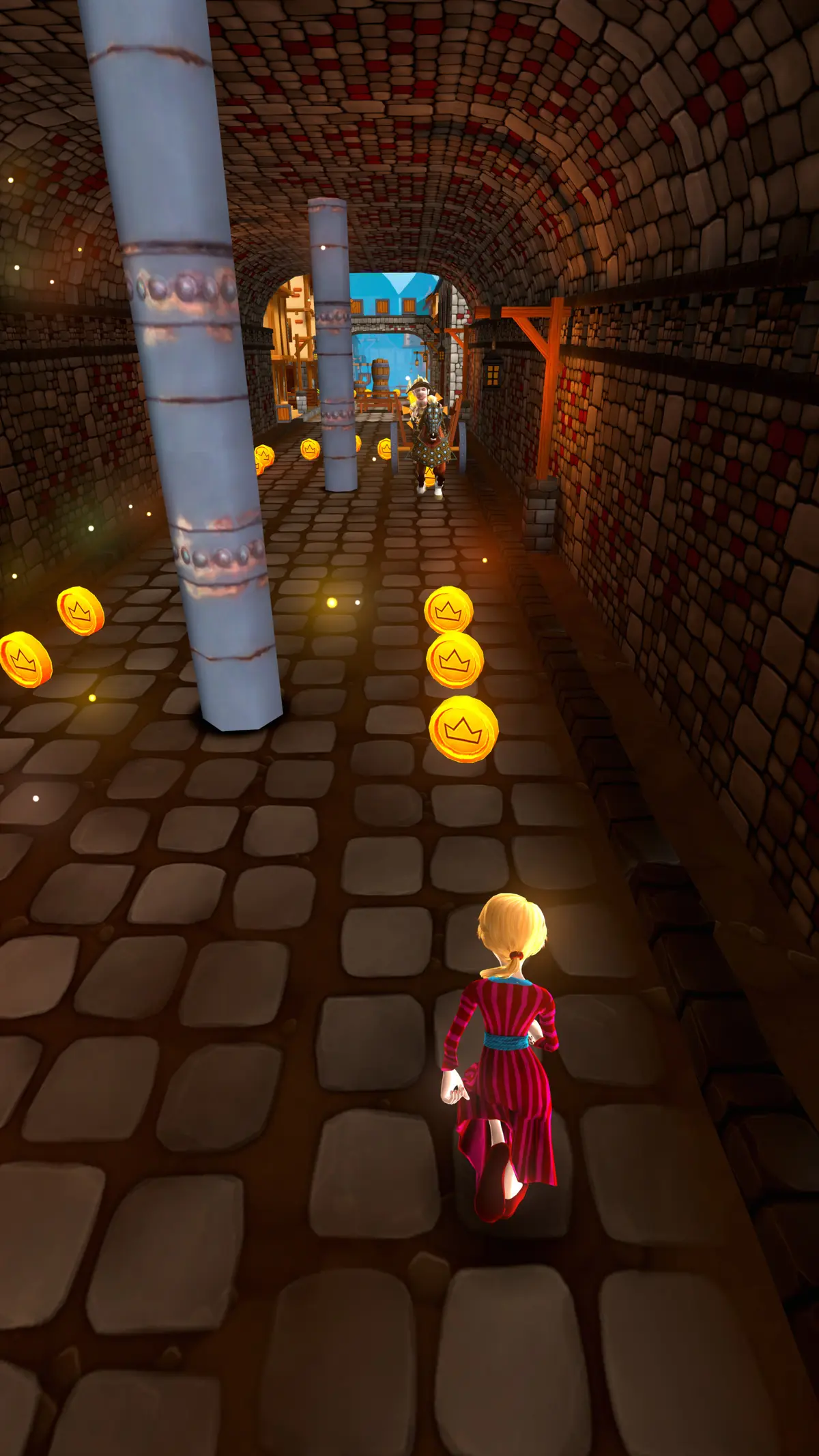 A chaser in a red dress runs a pillared stone tunnel toward the daylight, a gnome robber and coins ahead