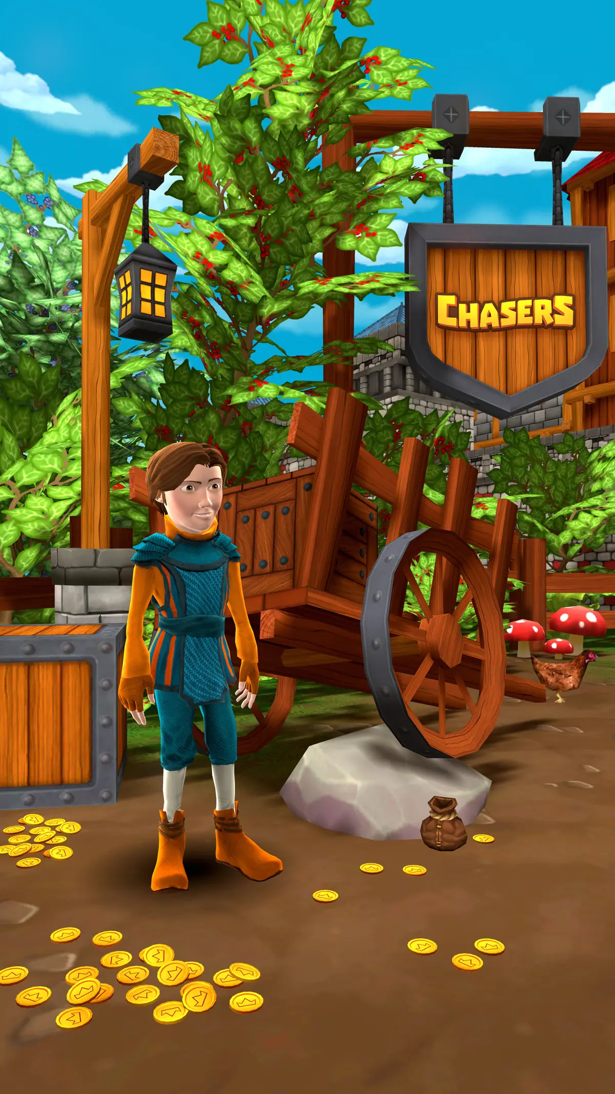 A brown-haired chaser in an orange and blue tunic stands by a wooden cart beneath the CHASERS sign, coins scattered on the ground