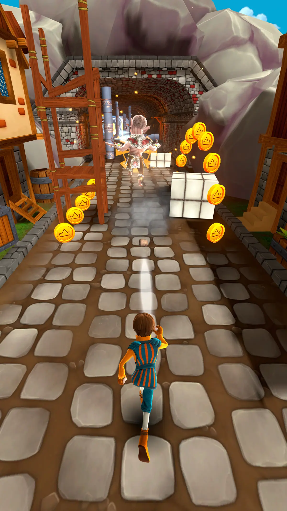 A chaser in a blue tunic runs toward a mountain tunnel, dodging white crates as a gnome robber flees among coins