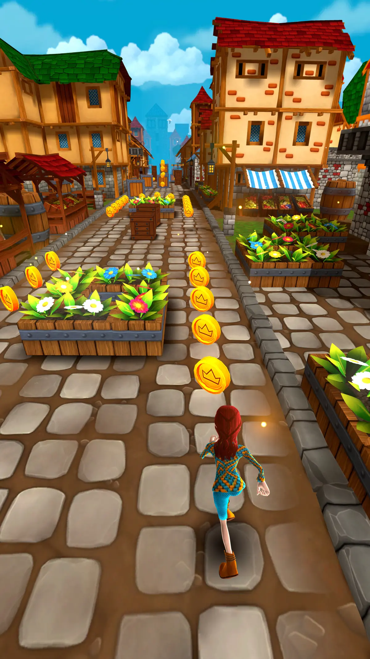 A red-haired chaser runs a market street past flower and vegetable planters, coins curving ahead