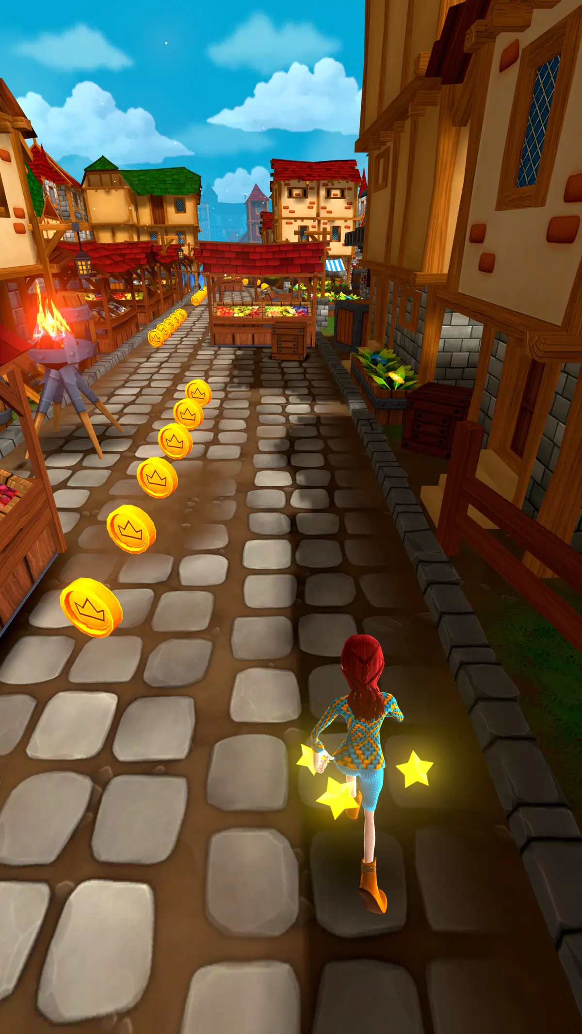 A red-haired chaser runs through a dusk market of fruit stalls, spell stars glowing as coins curve along the street