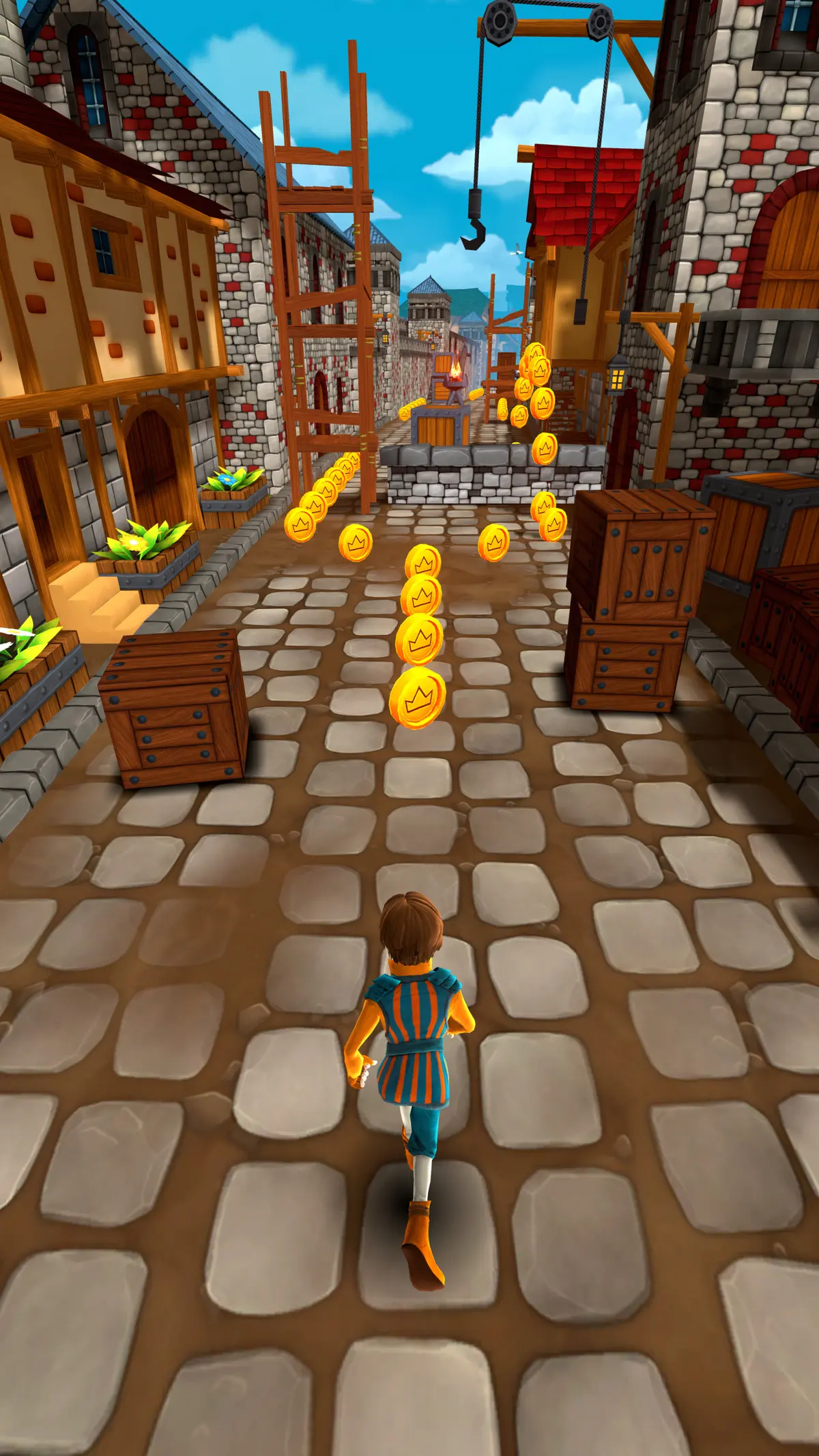 A chaser in a blue tunic runs toward timber scaffolding and a crane hook, coins winding between the crates