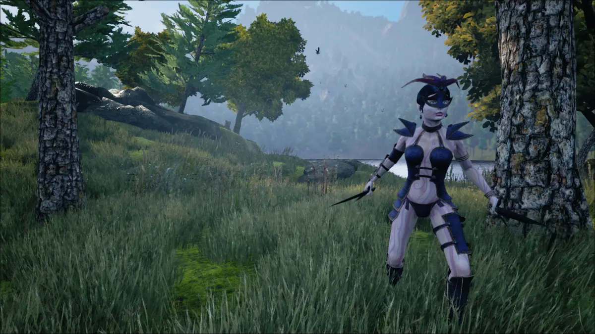An armored character holding a blade stands in a sunlit meadow beside a lake and mountains
