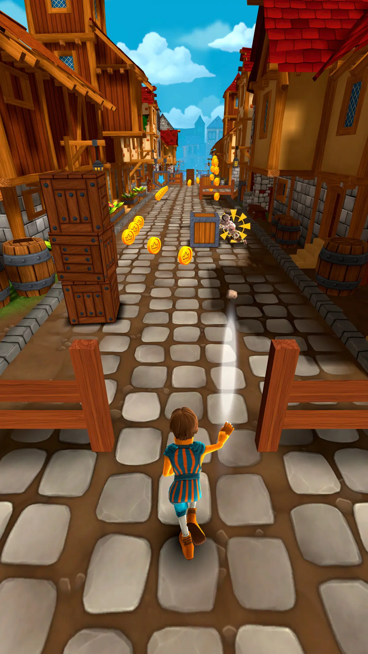 A chaser in a blue tunic runs a village street toward a gnome robber knocked back among crates and coins