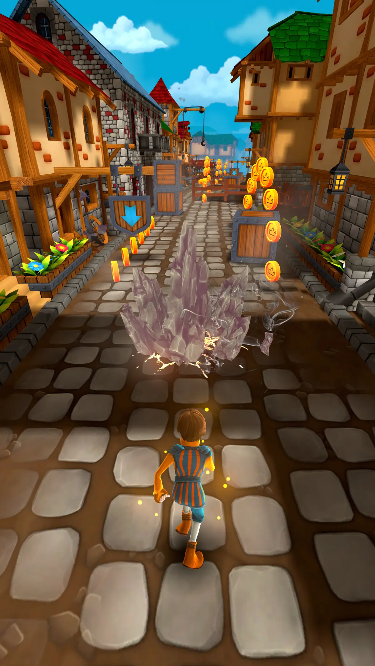 A chaser in a blue tunic runs toward shattering crystals, coins stacked on crates and a boost arrow ahead