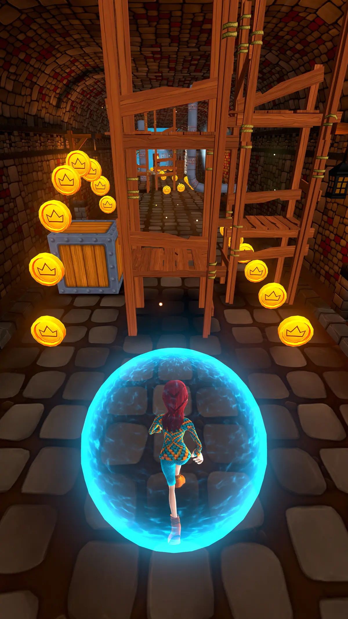 A red-haired chaser runs through a stone tunnel inside a blue shield bubble, gathering coins beside a chest