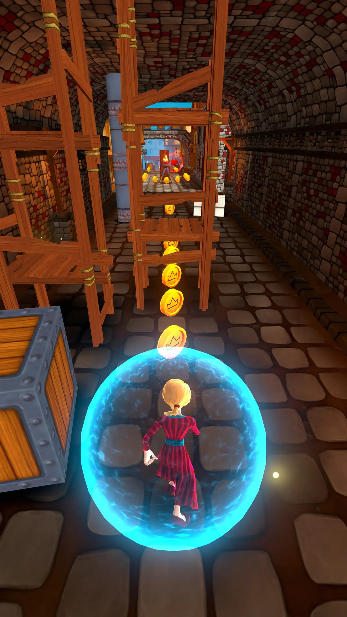 A chaser runs through a vaulted stone tunnel of wooden scaffolding inside a blue shield bubble, coins and a chest ahead