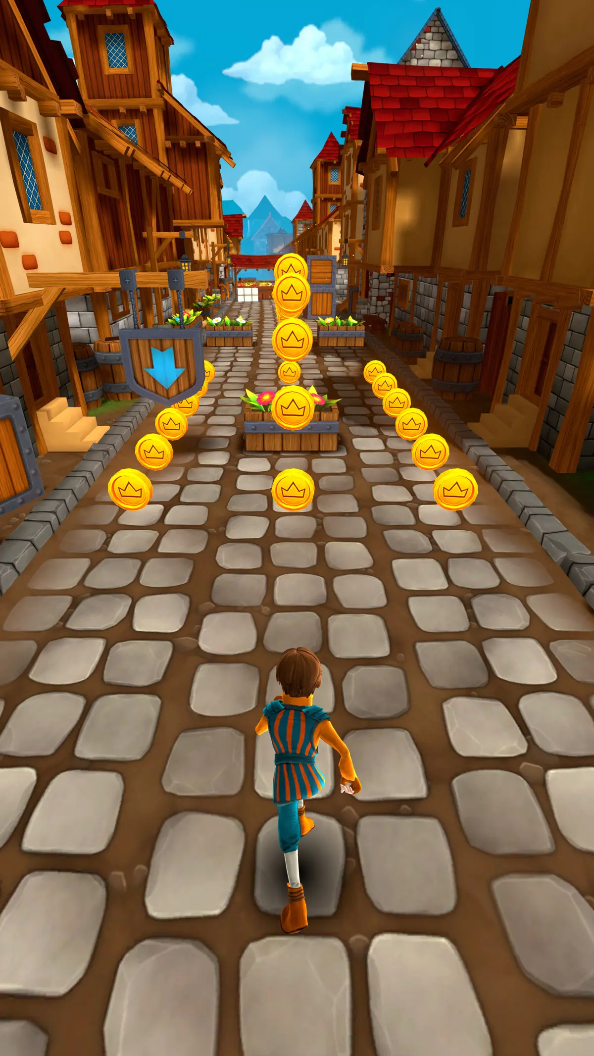A chaser in a blue tunic runs toward a planter obstacle, coins and a boost arrow marking the path