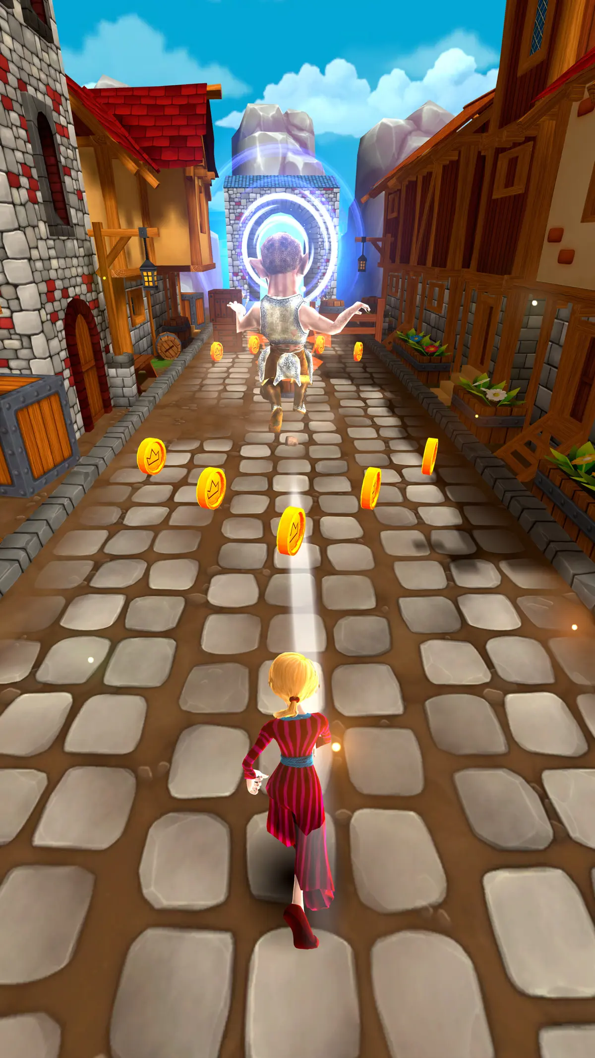 CHASERS - Character chasing an enemy toward a magic portal on cobblestone streets