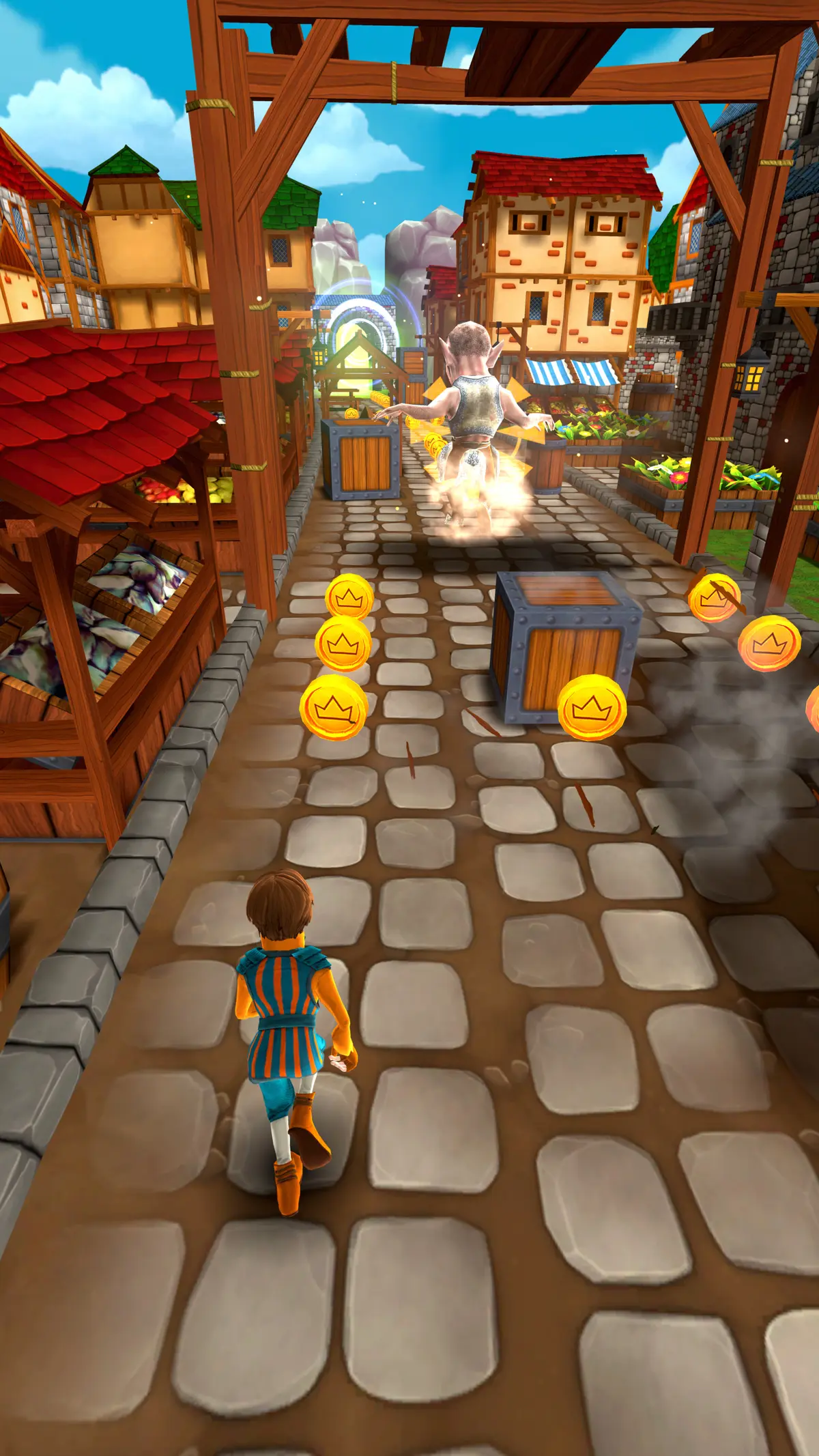 A chaser runs through a market of fruit stalls toward a gnome robber beside a glowing portal, coins on the crates