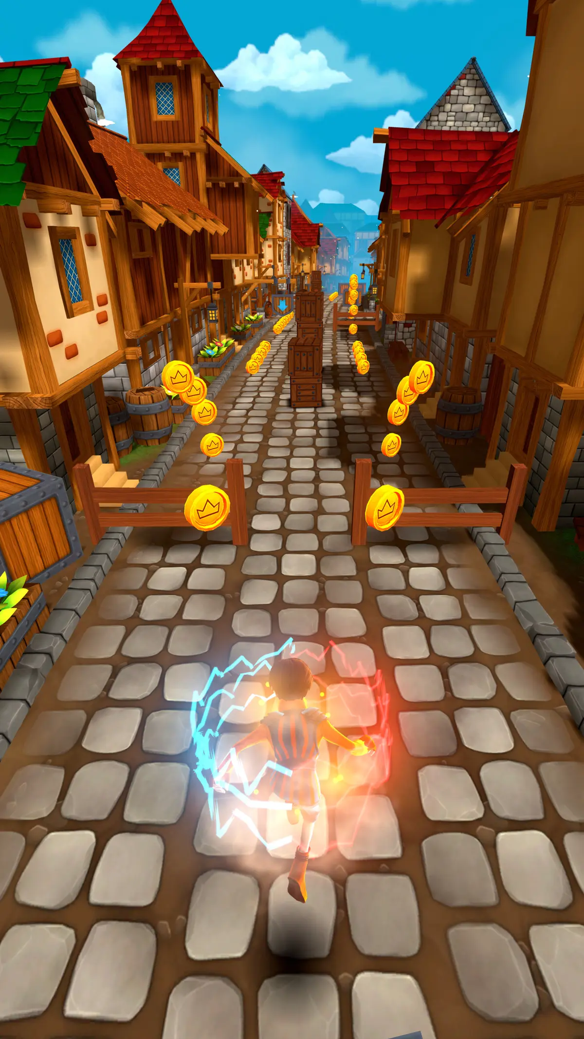 CHASERS - Character with magic aura collecting coins in a village street