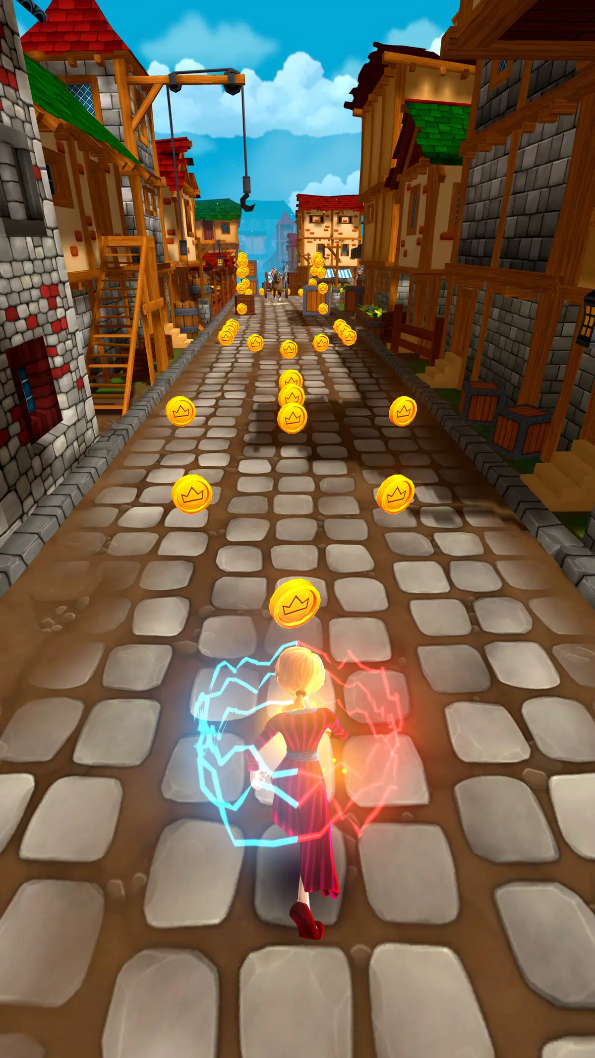 A chaser in a red dress runs down a village street ringed by a crackling blue and red aura as coins stream toward the chaser