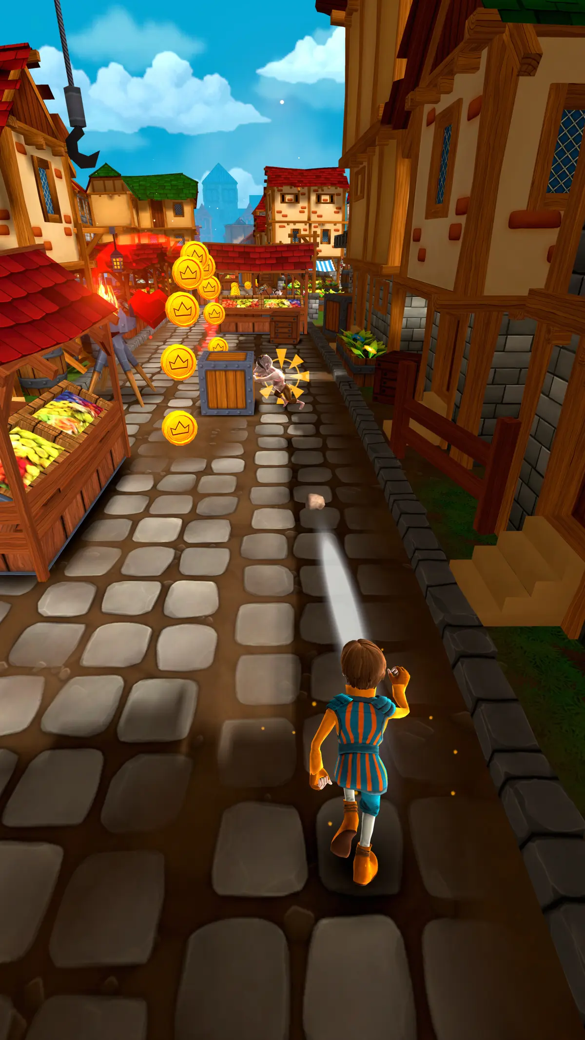 A chaser dashes past market fruit stalls with coins overhead as a gnome robber is knocked back in a burst of stars
