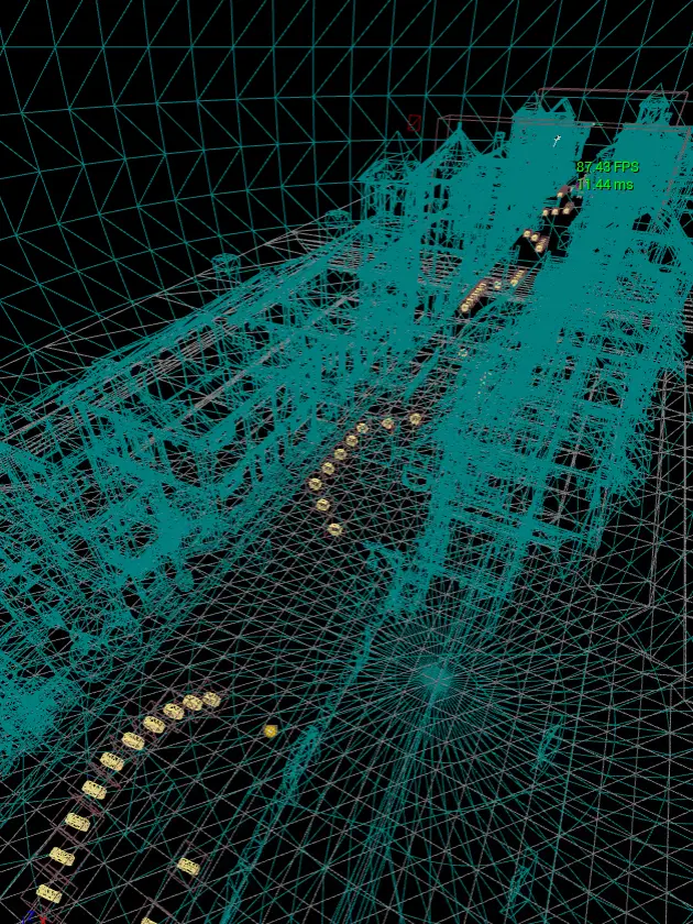The CHASERS town level shown as a wireframe in the Unreal Engine editor